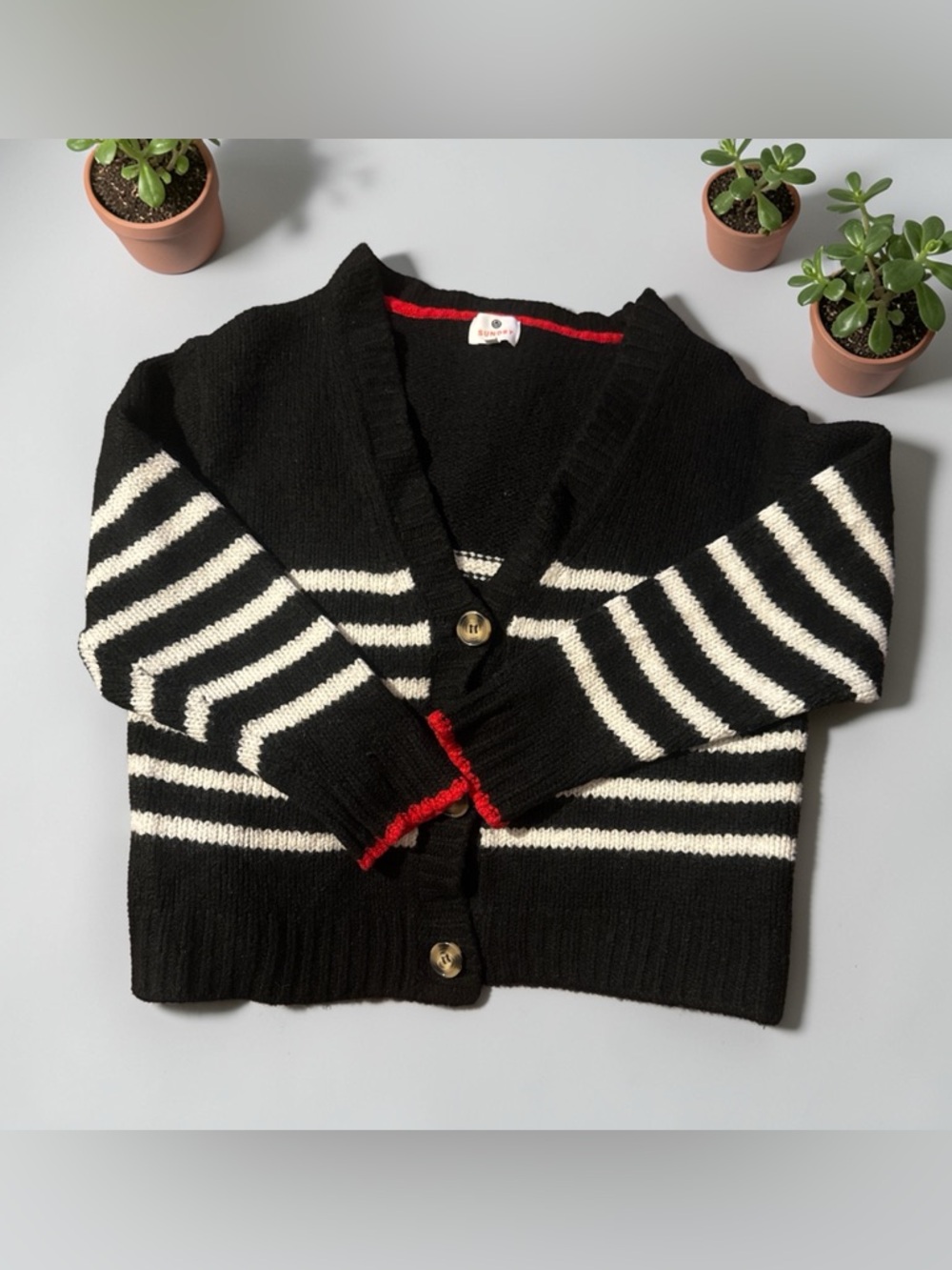 Sundry Black White Red Merino Wool Blend Small Cardigan